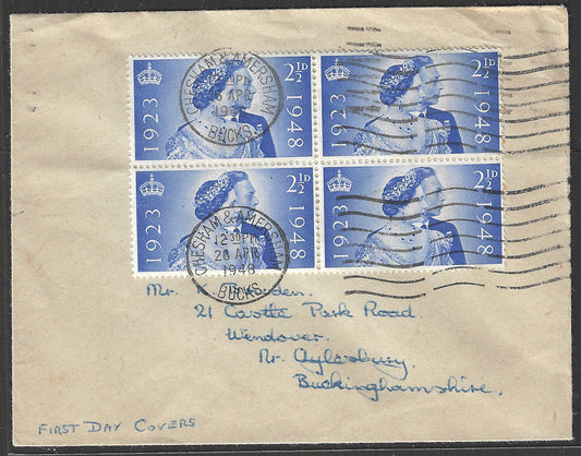Great Britain Stamps - FDC Silver Wedding 2 1/2 d Block of 4 with Bucks Cancellation , 1948 - GGG00471