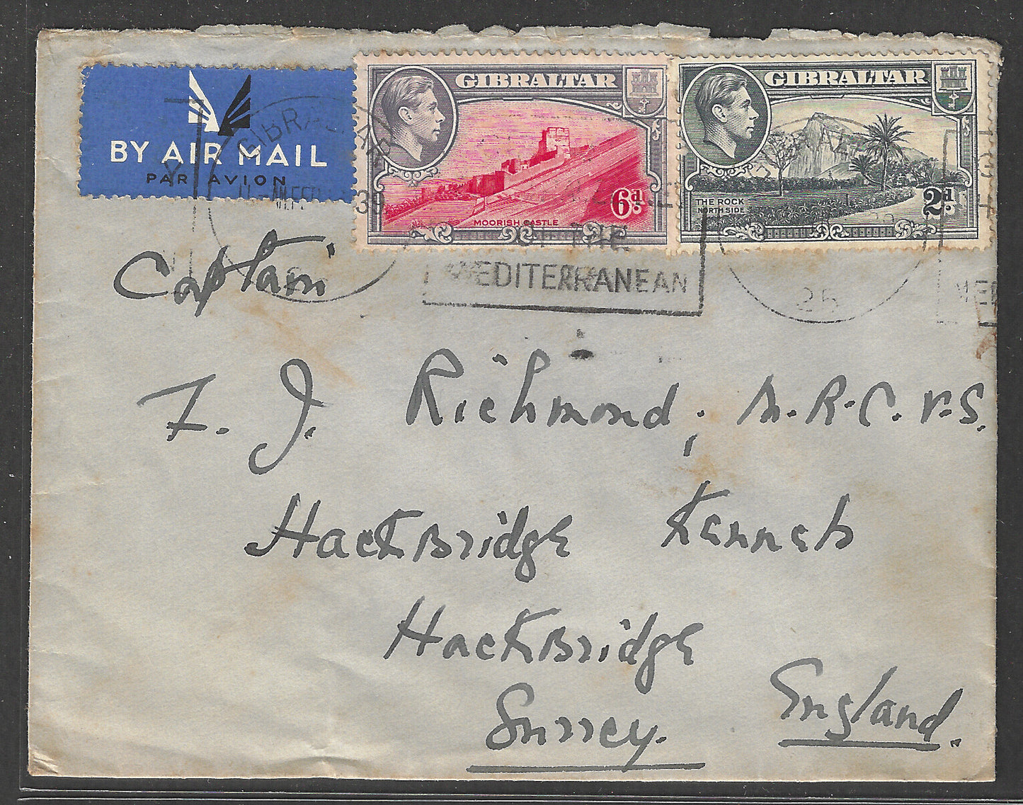Gibraltar to Engalnd Postally used Airmail Cover with 2 stamps of KG VI with Mediterranean Cancellation, 1939 - GGG00477