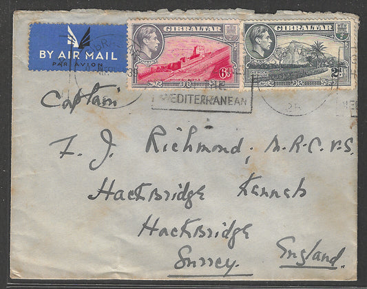 Gibraltar to Engalnd Postally used Airmail Cover with 2 stamps of KG VI with Mediterranean Cancellation, 1939 - GGG00477