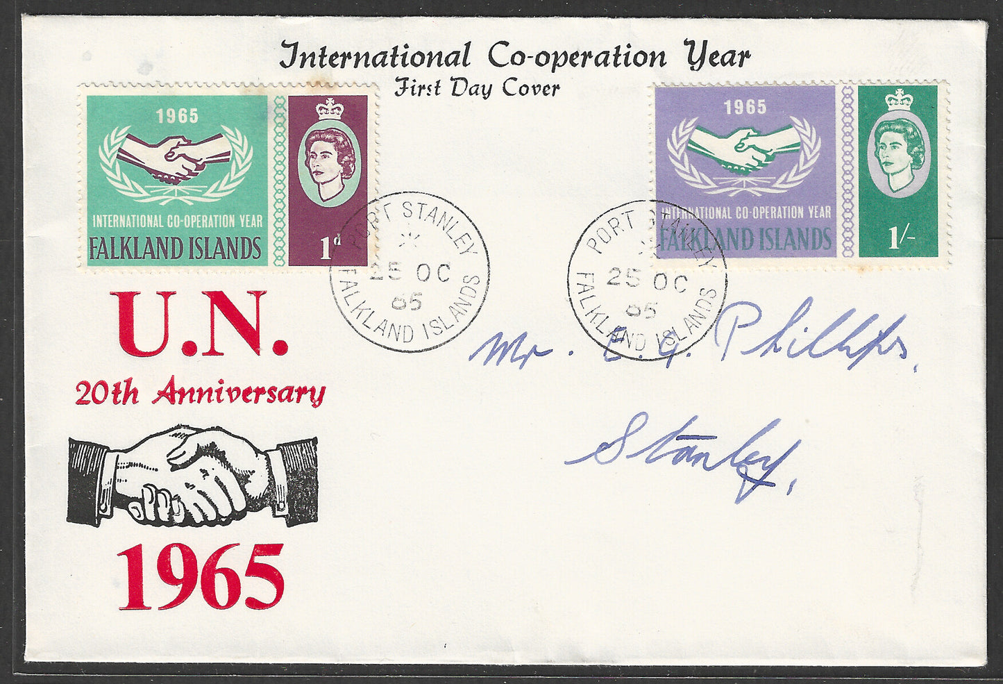 Falkland islands FDC - U N 20 th Anniversary of International Cooperation Year , 1965 - GGG00479