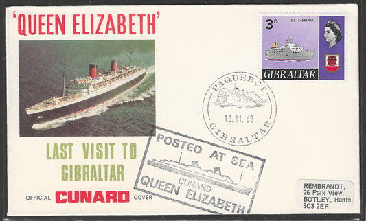 Great Britain GB 1968 Cunard Cover Queen Elizabeth Last visit to Gibraltar - Paquebot , Posted at Sea  - GGG00488