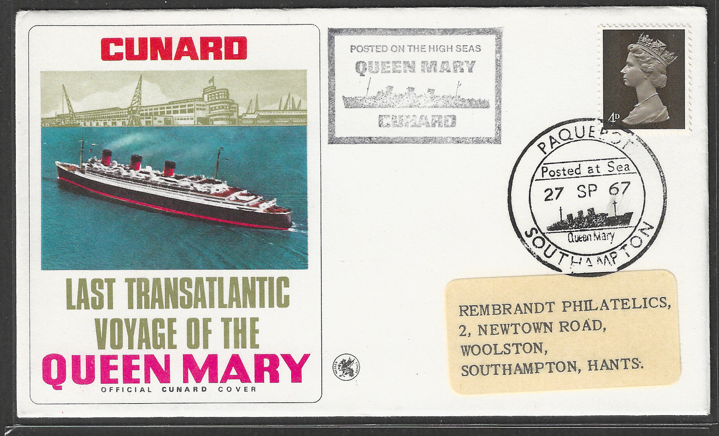 Great Britain 1967 Cunard Cover Last Transatlantic Voyage of the Queen Marry, Posted on the High seas , Paquebot  - GGG00489