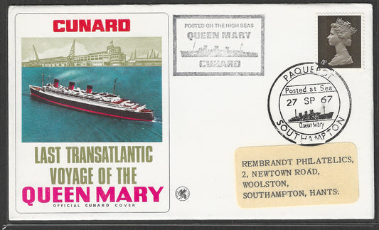 Great Britain 1967 Cunard Cover Last Transatlantic Voyage of the Queen Marry, Posted on the High seas , Paquebot  - GGG00489