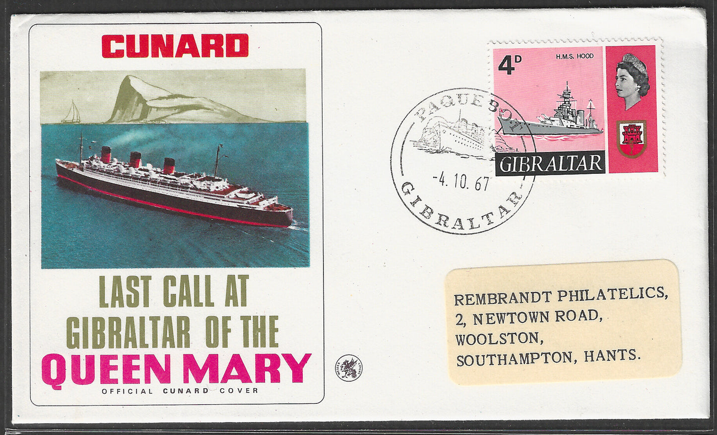 Great Britain 1967 Cunard Cover - Last Call at Gibraltar of the Queen Mary , Paquebot to Southampton- GGG00490