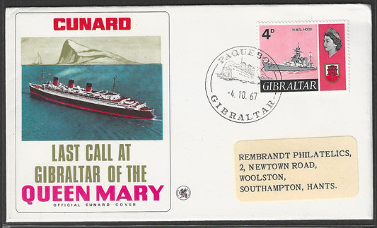 Great Britain 1967 Cunard Cover - Last Call at Gibraltar of the Queen Mary , Paquebot to Southampton- GGG00490