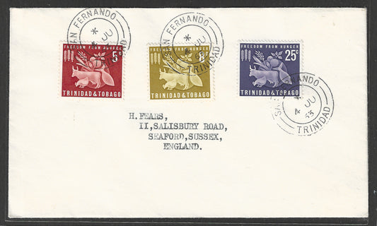 Trinidad and Tobago stamps FDC, Complete set - Freedom from Hunger, 1963 to England - GGG00494
