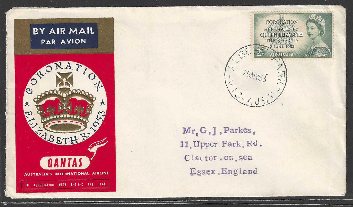 Australia to England - by Airmail Coronation Elizabeth - qantas Australis International Airline, 1953 - GGG00495