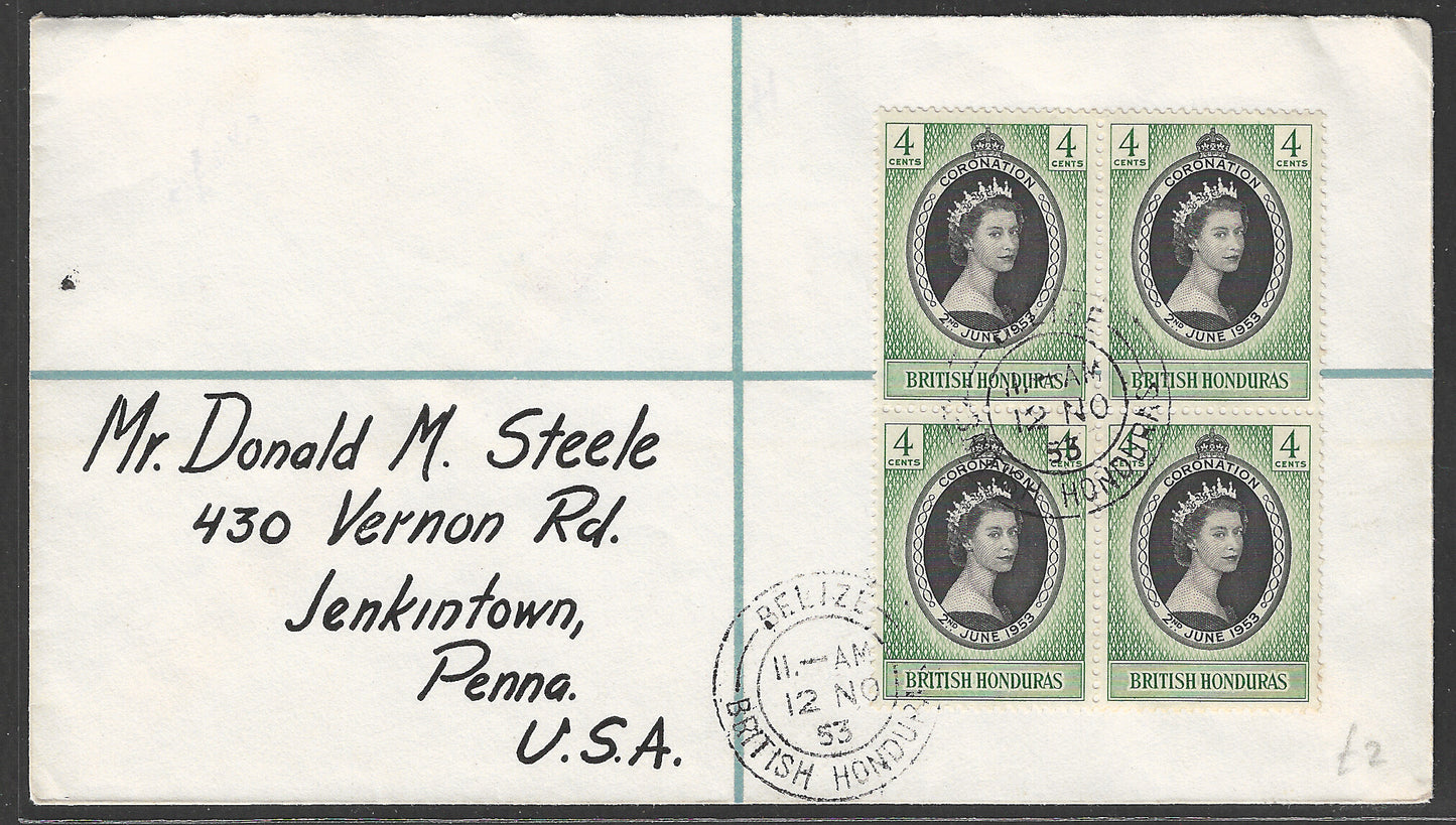 British Honduras stamps - Q E Ii oronaton block of 4 Used to USA, delivery Cancellation of Jenkintown , 1953 - GGG00496