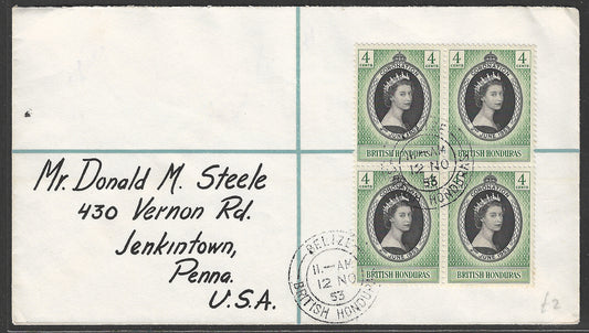 British Honduras stamps - Q E Ii oronaton block of 4 Used to USA, delivery Cancellation of Jenkintown , 1953 - GGG00496