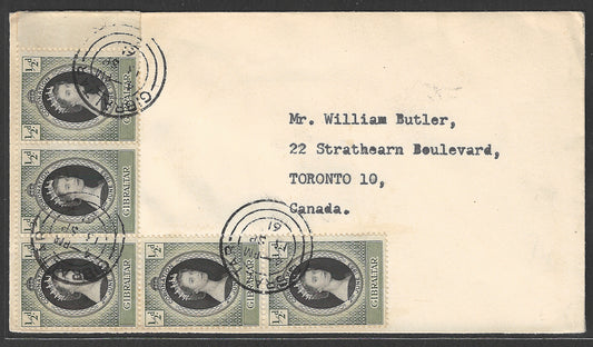Gibraltar to Canada Postally used Cover with Multiple of Q E II , coronation stamps, 1961  - GGG00500