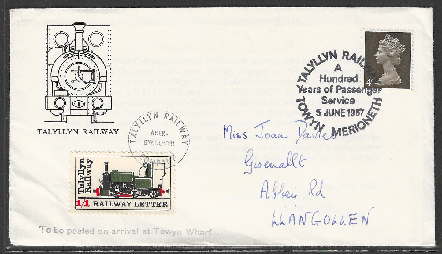 Great Britain Cover - Talyllyn Railway - 1/1 Railway Letter stamps , 1967   - GGG00503