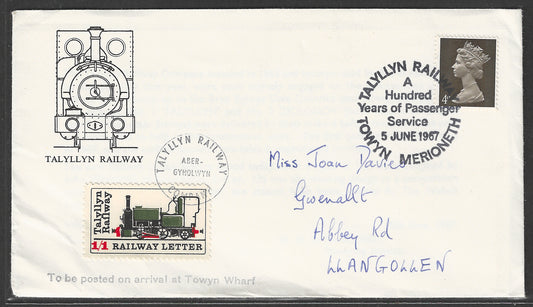 Great Britain Cover - Talyllyn Railway - 1/1 Railway Letter stamps , 1967   - GGG00503