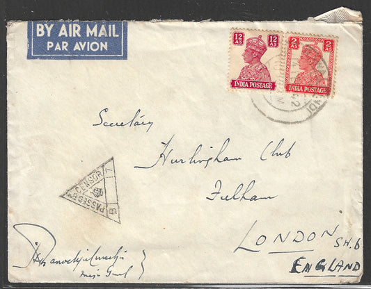 India to England Postally used Airmail Passed by Censor from Rawalpindi Club, 1942   - GGG00506