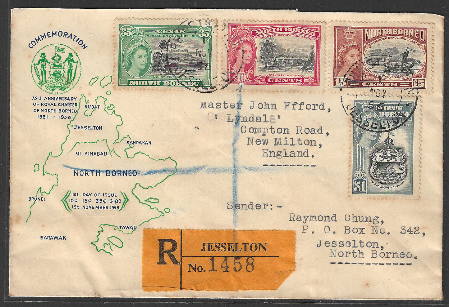 North Borneo stamps - FDc - Commemoration 75 th anniversary of Royal Charter , Used Via Registered Post, 1956  - GGG00509
