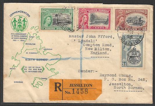 North Borneo stamps - FDc - Commemoration 75 th anniversary of Royal Charter , Used Via Registered Post, 1956  - GGG00509