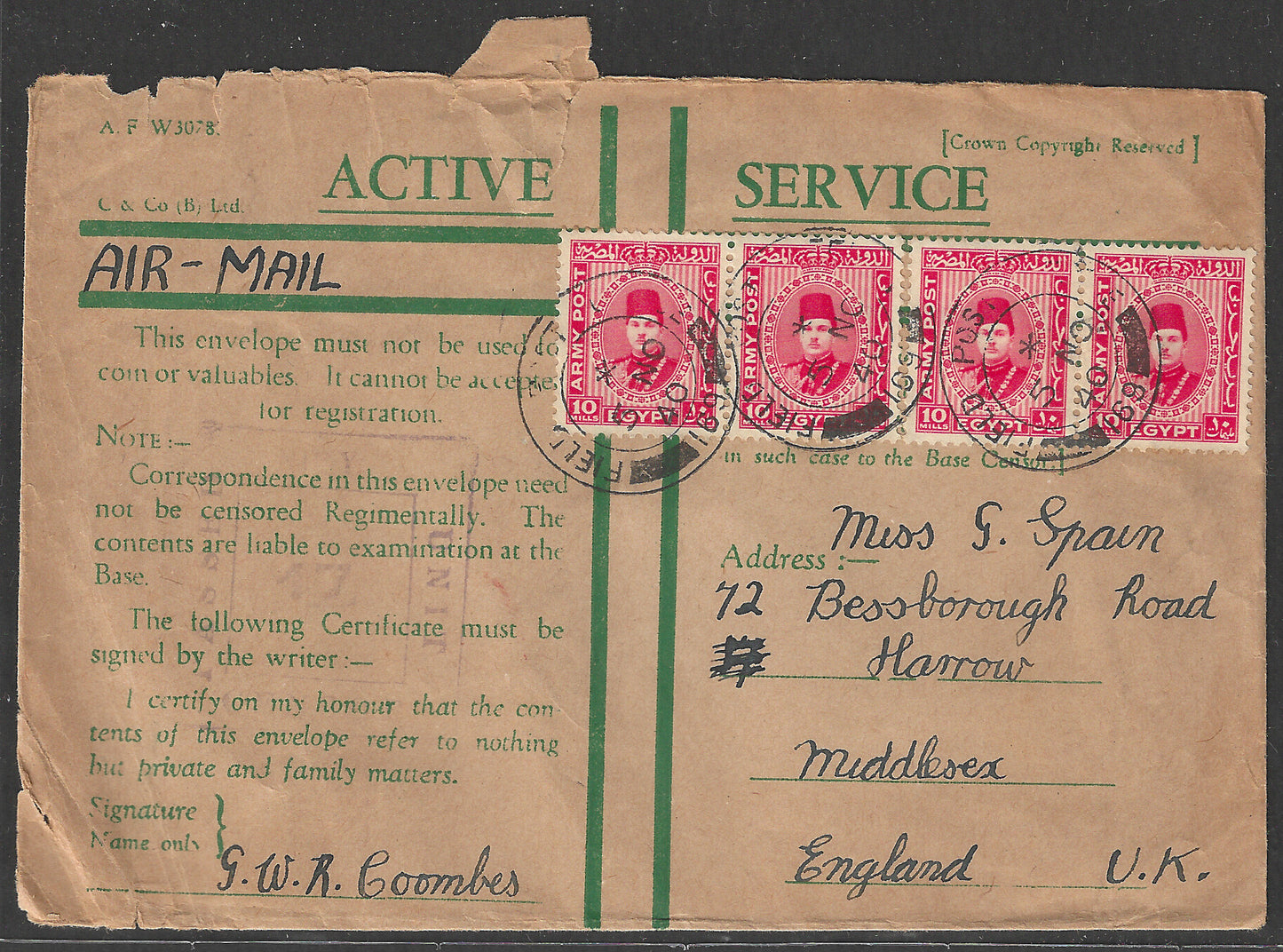 Egypt to England postally used Active Service Air Mail with Field Post Cancellation , 1940 - GGG00522