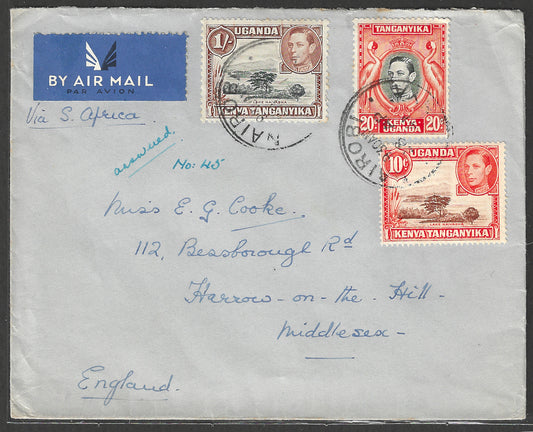 South Africa to England Postally used Airmail Cover, with Multiple stamps 1941 - GGG00524