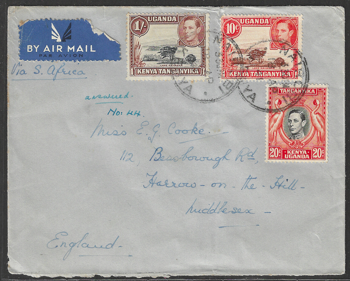South Africa to England Postally used Airmail Cover, with Multiple stamps 1941 - GGG00525