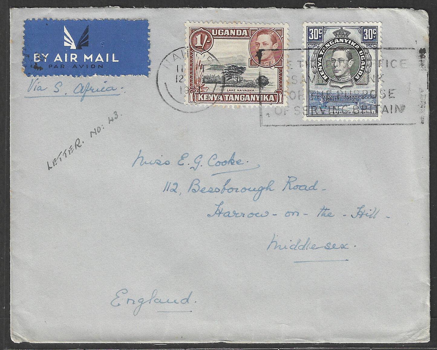 South Africa to England Postally used Airmail Cover, with Multiple stamps 1941 - GGG00526