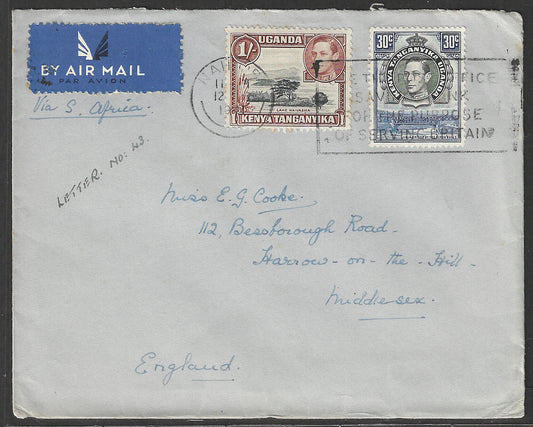 South Africa to England Postally used Airmail Cover, with Multiple stamps 1941 - GGG00526