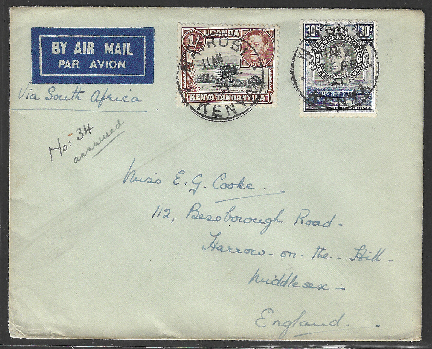 South Africa to England Postally used Airmail Cover, with Multiple stamps 1941 - GGG00527