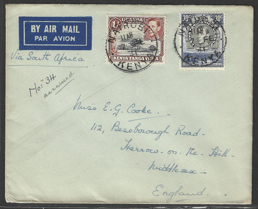 South Africa to England Postally used Airmail Cover, with Multiple stamps 1941 - GGG00527