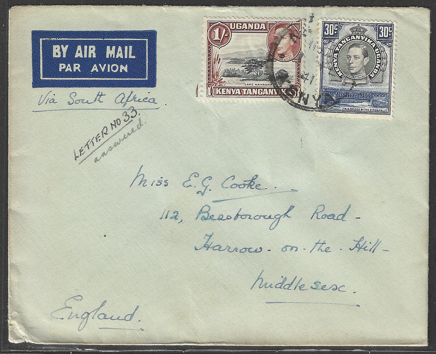 South Africa to England Postally used Airmail Cover, with Multiple stamps 1941 - GGG00528