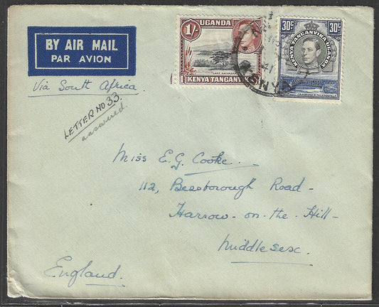 South Africa to England Postally used Airmail Cover, with Multiple stamps 1941 - GGG00528