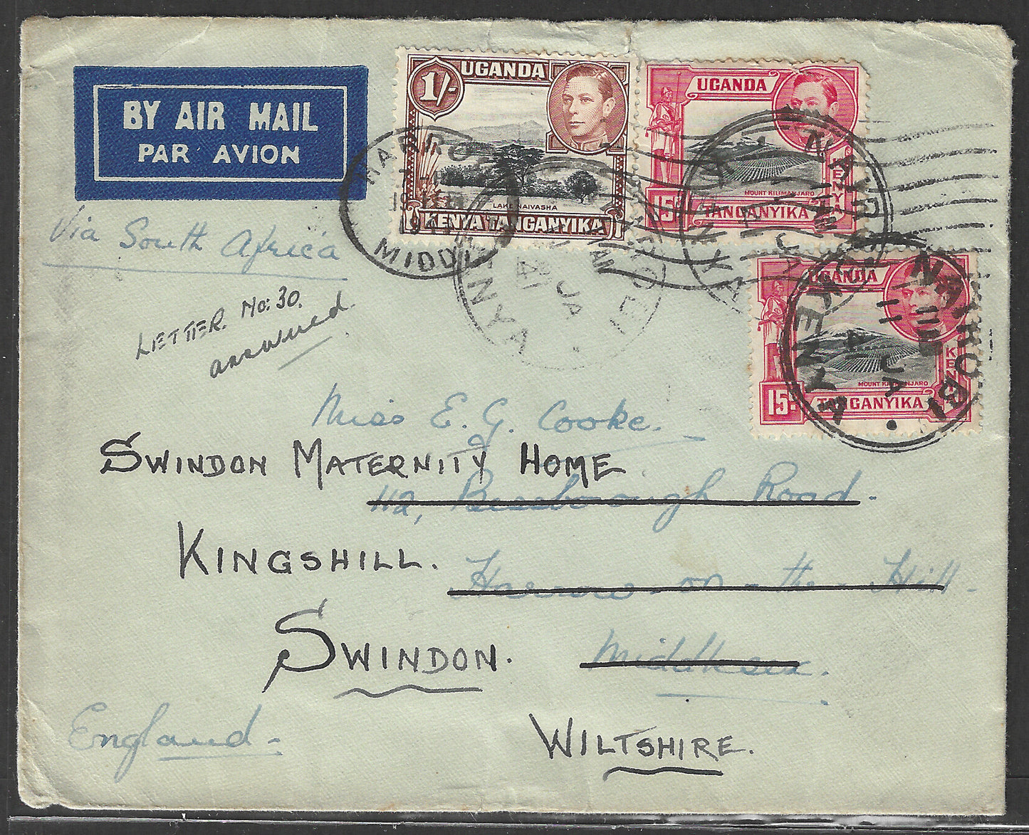 South Africa to England Postally used Airmail Cover, with Multiple stamps 1941 - GGG00529