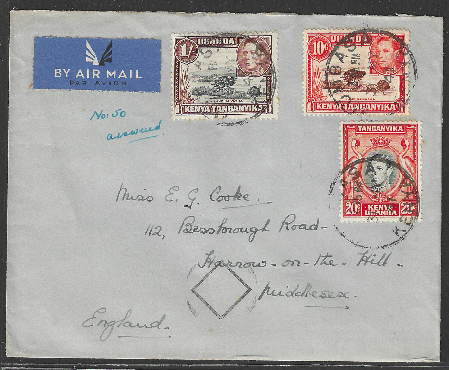 South Africa to England Postally used Airmail Cover, with Multiple stamps 1941 - GGG00531