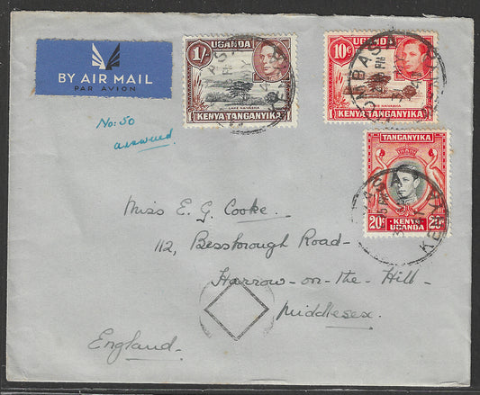 South Africa to England Postally used Airmail Cover, with Multiple stamps 1941 - GGG00531