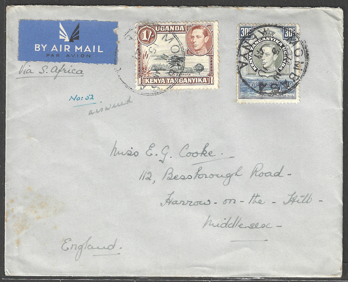 South Africa to England Postally used Airmail Cover, with Multiple stamps 1941 - GGG00532