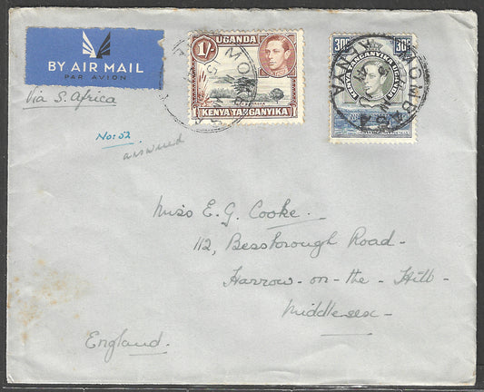 South Africa to England Postally used Airmail Cover, with Multiple stamps 1941 - GGG00532