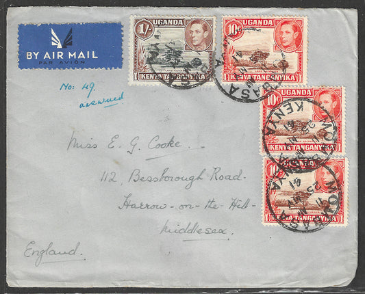 South Africa to England Postally used Airmail Cover, with Multiple stamps 1941 - GGG00534