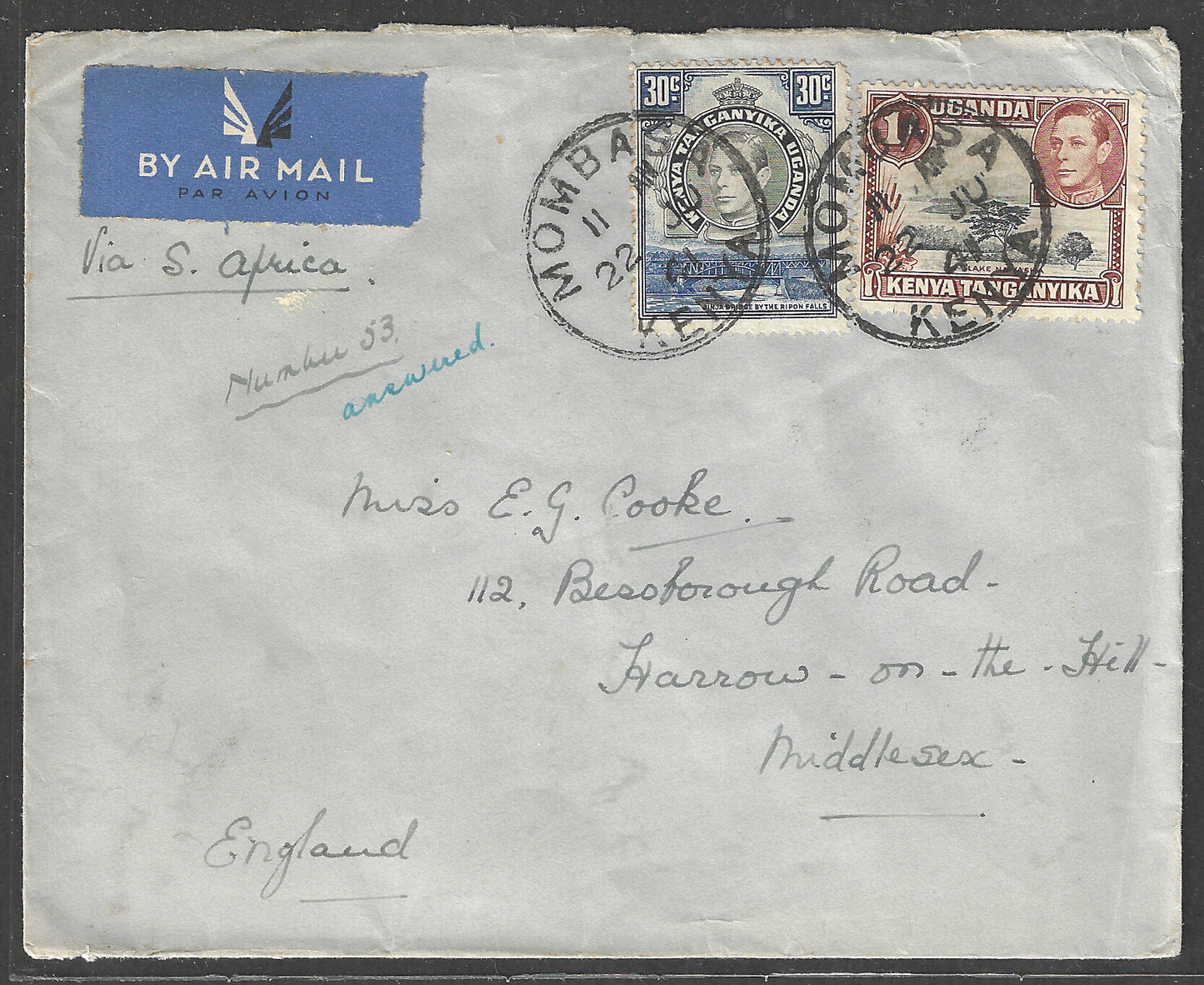 South Africa to England Postally used Airmail Cover, with Multiple stamps 1941 - GGG00537