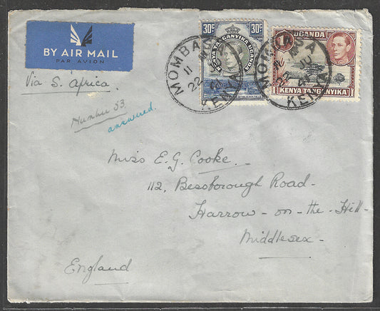 South Africa to England Postally used Airmail Cover, with Multiple stamps 1941 - GGG00537