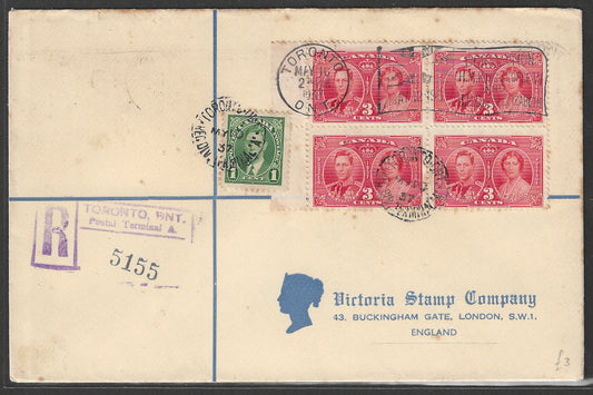 Canada Coronation stamps Block of 4 used Via Registed Post to England with Toronto Flag Slogan  Catche on back, 1937 - GGG00540