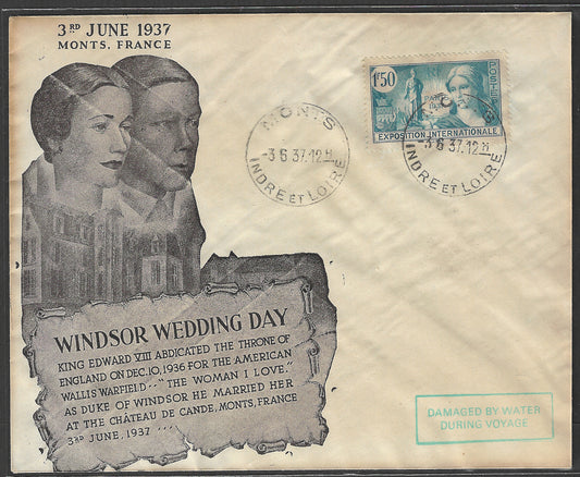France FDC - Windsor Wedding Day , Indreetloire Cancellation, 1937, Damaged by Water During Voyage Catche , Rare - GGG00541