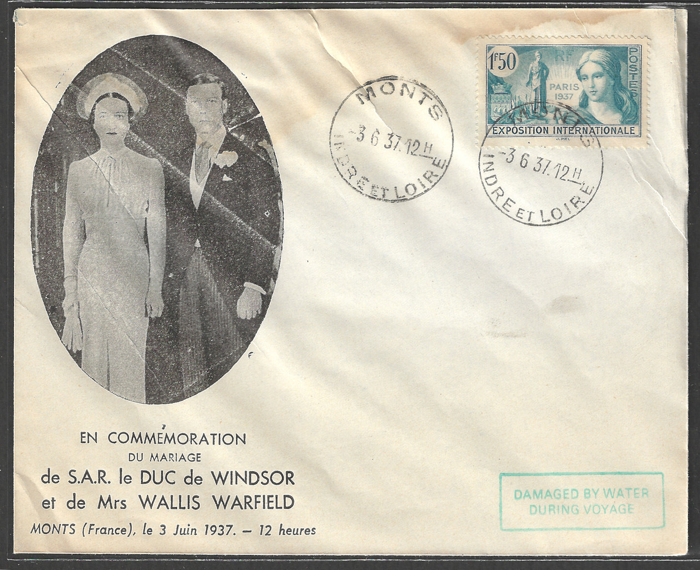 France FDC - Windsor Wedding Day , Indreetloire Cancellation, 1937, Damaged by Water During Voyage Catche , Rare - GGG00542