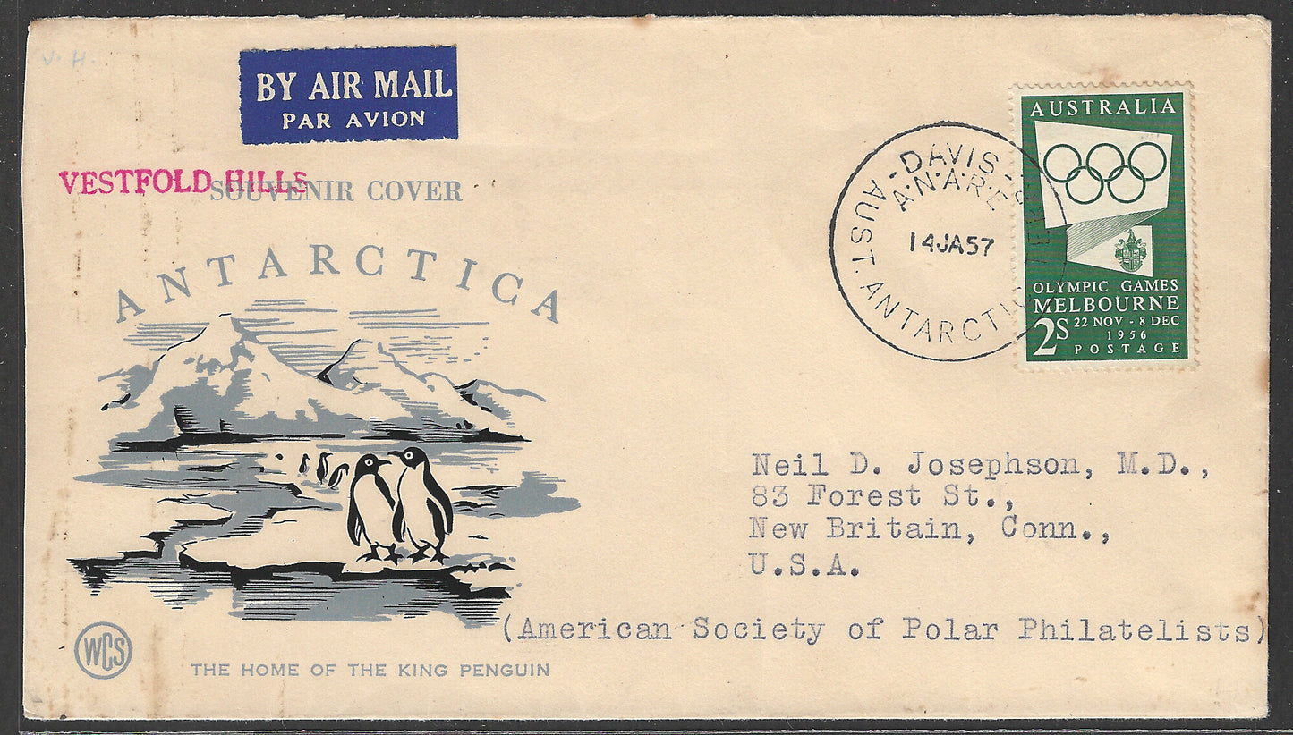 Australia Antarctica Sovenir Cover - Vestfold Hills by Airmail to USA by American Soceity of Polar Philatelists , 1957  - GGG00549