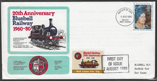 Great Britain - FDC - 20 th anniversary of Bluebell Railway, 1980 with Rail Lettter Fee 15 p Label  - GGG00553