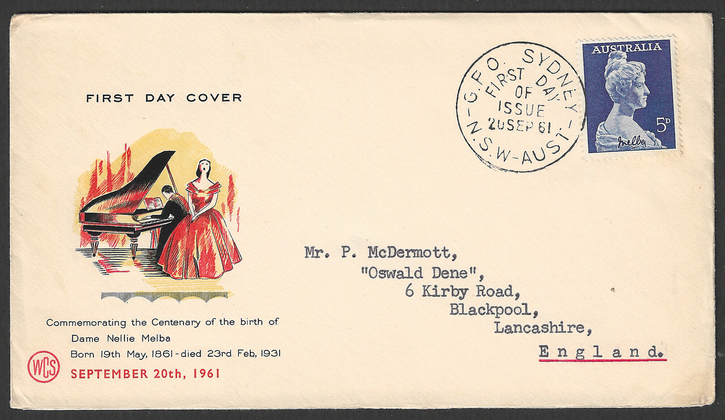 Australia FDC - Commerating te Centenary of the birth of Dame Nellie Melba, 1961  - GGG00590