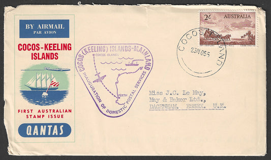 Australia FDC - Cocos - Keeling Islands First Australian Stamps Issue - Qantas Flight Cover , 1955  - GGG00598