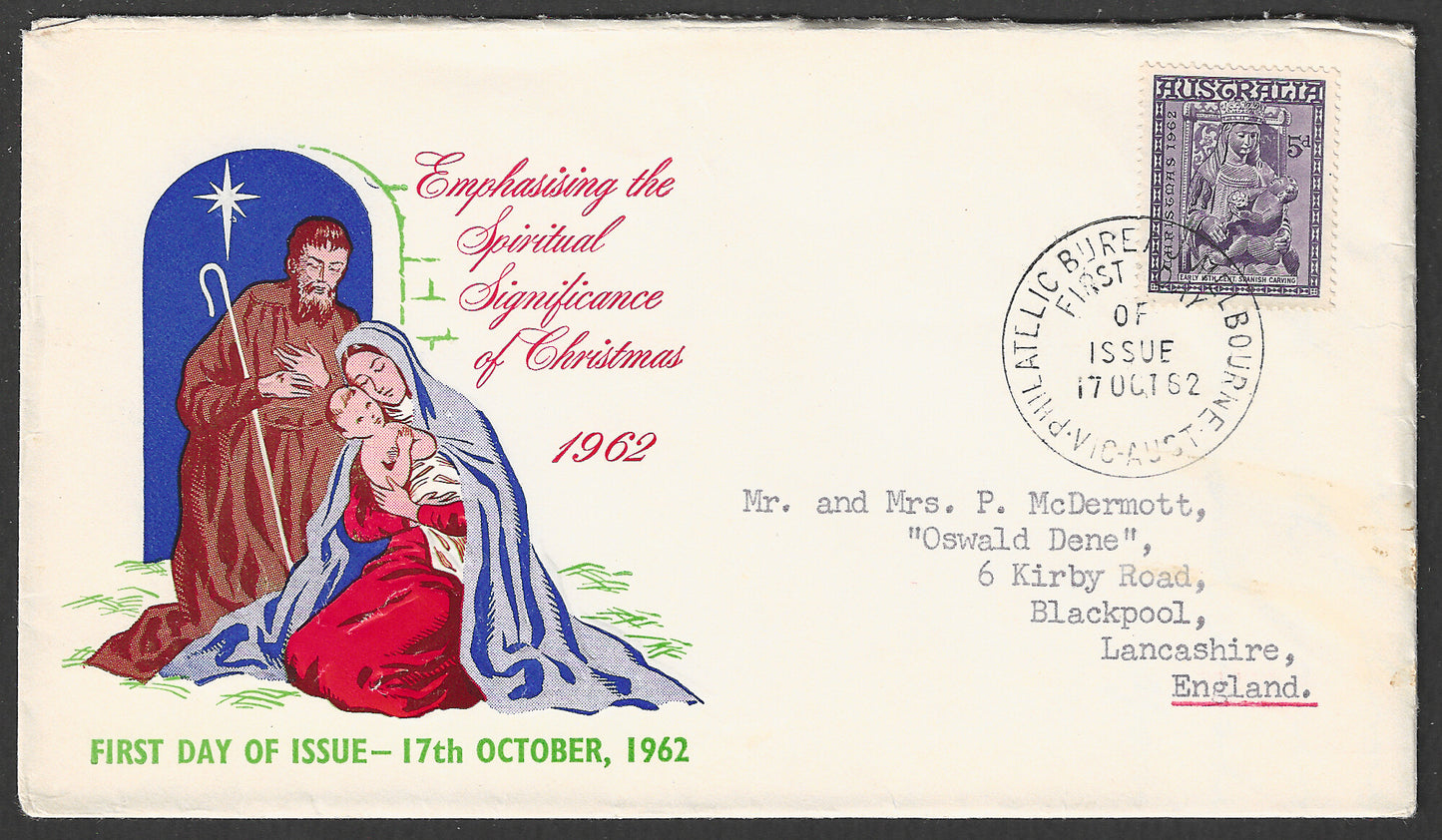 Australia FDC - emphassing the Spiritual Significance of Christmas, 1962 - GGG00625