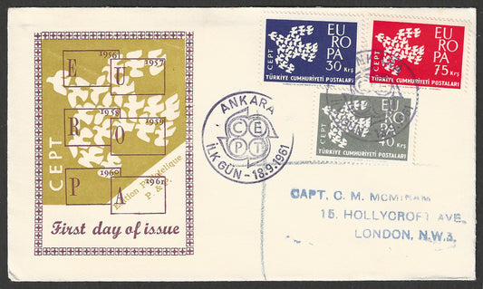 Turkey stamps FDC - Europa Complete set of 3 Values, 1961 - GGG00646