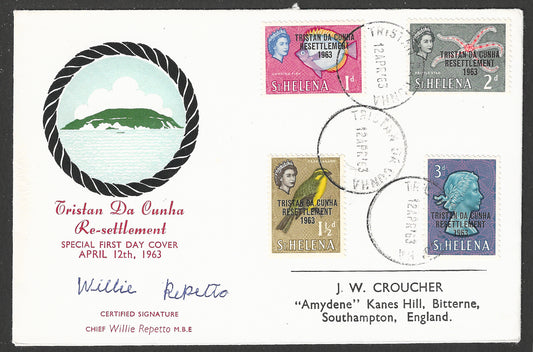 Tristan Da Cunha Re-settlment Special FDC Certified Signature by Wille Repettio , RAre, 1963 - GGG00676