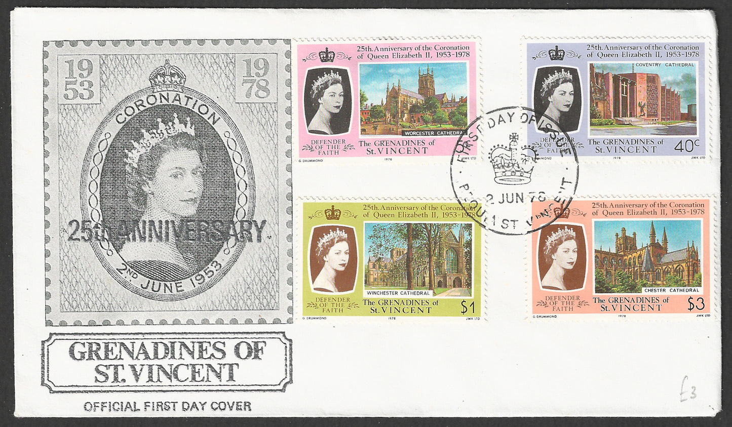 The Grenadines of St. Vincent stamps FDC - 25th Anniversary of Coronation, 1978 - GGG00695
