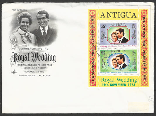 Antigua stamps FDC - MS on Cover - Royal Wdding, 1973 - GGG00701