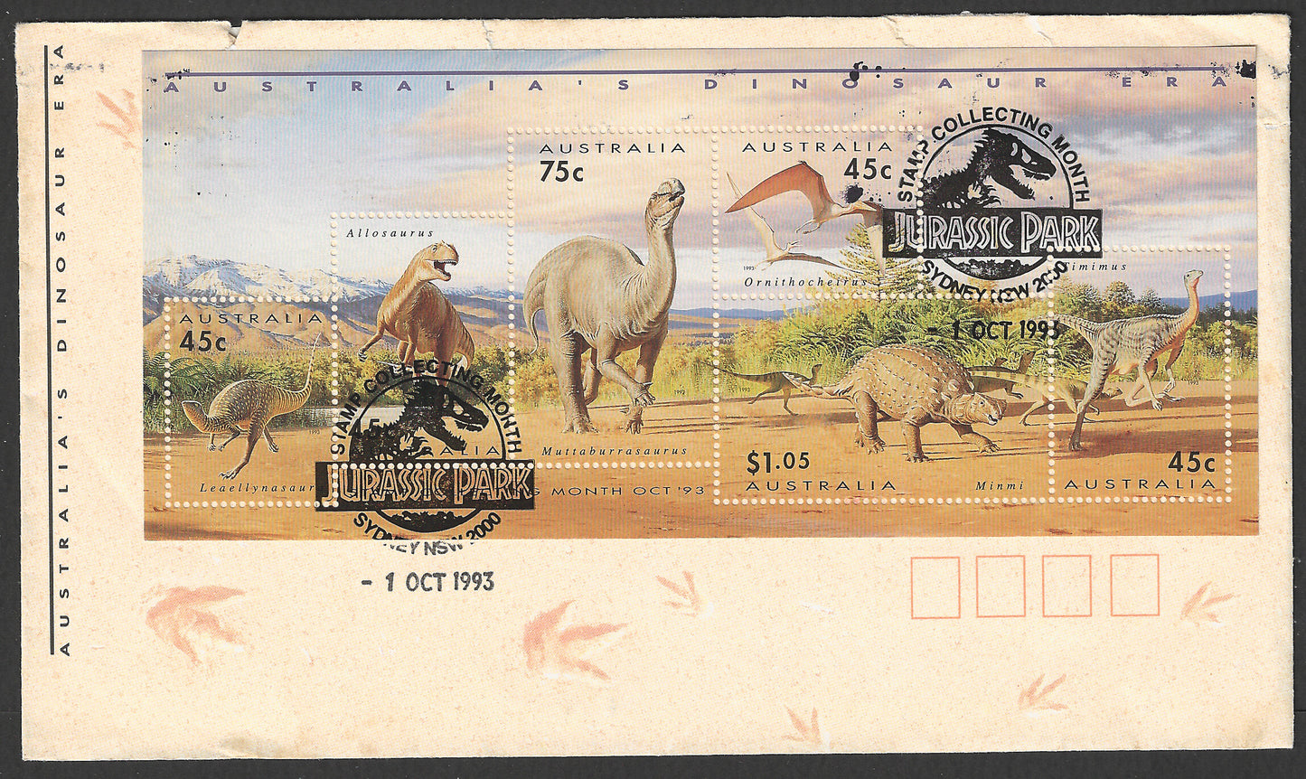 Australia STamps FDC - Jurassic Park MS on Cover , 1993 - GGG00707