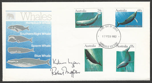 Australia stamps FDC - Complete set of 4 Values - Whales , signed by the Designers ( Rober Ingpen and Katrina Ingpen ) , Rare, 1982 - GGG00709